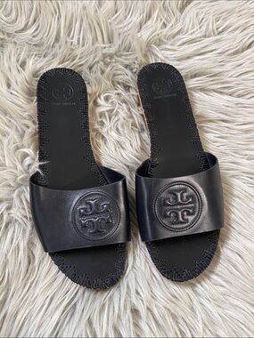 Tory Burch aerin Black Leather Logo Slide Sandals